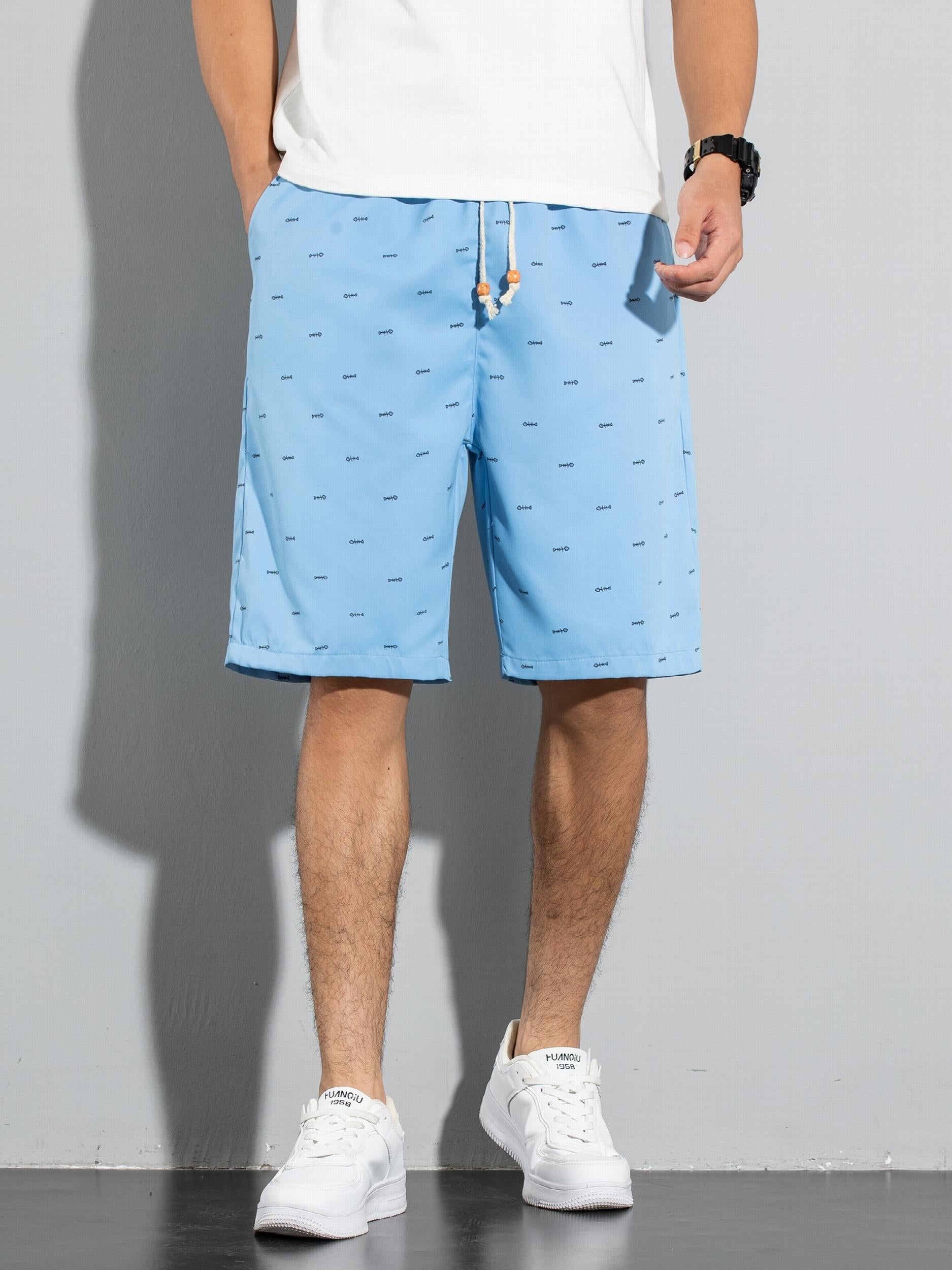 Fish Bone Allover Print Shorts Men's Casual Solid Shorts