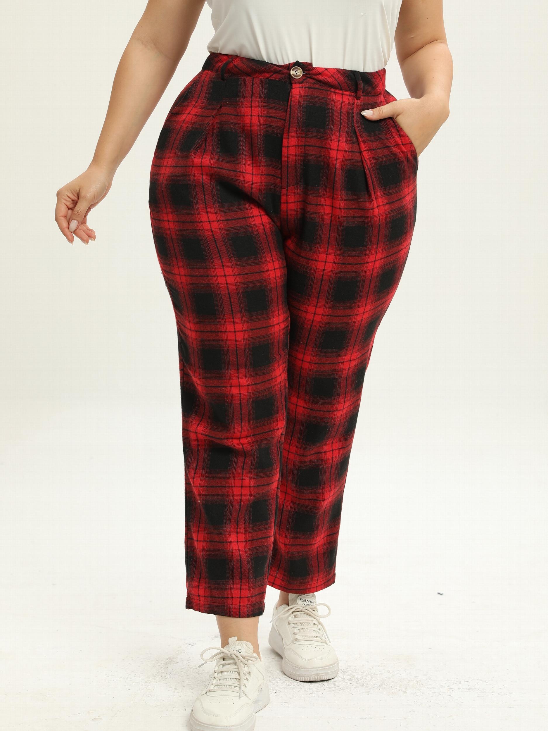 Women's Plus Plaid Print High Rise Wide Leg Trousers