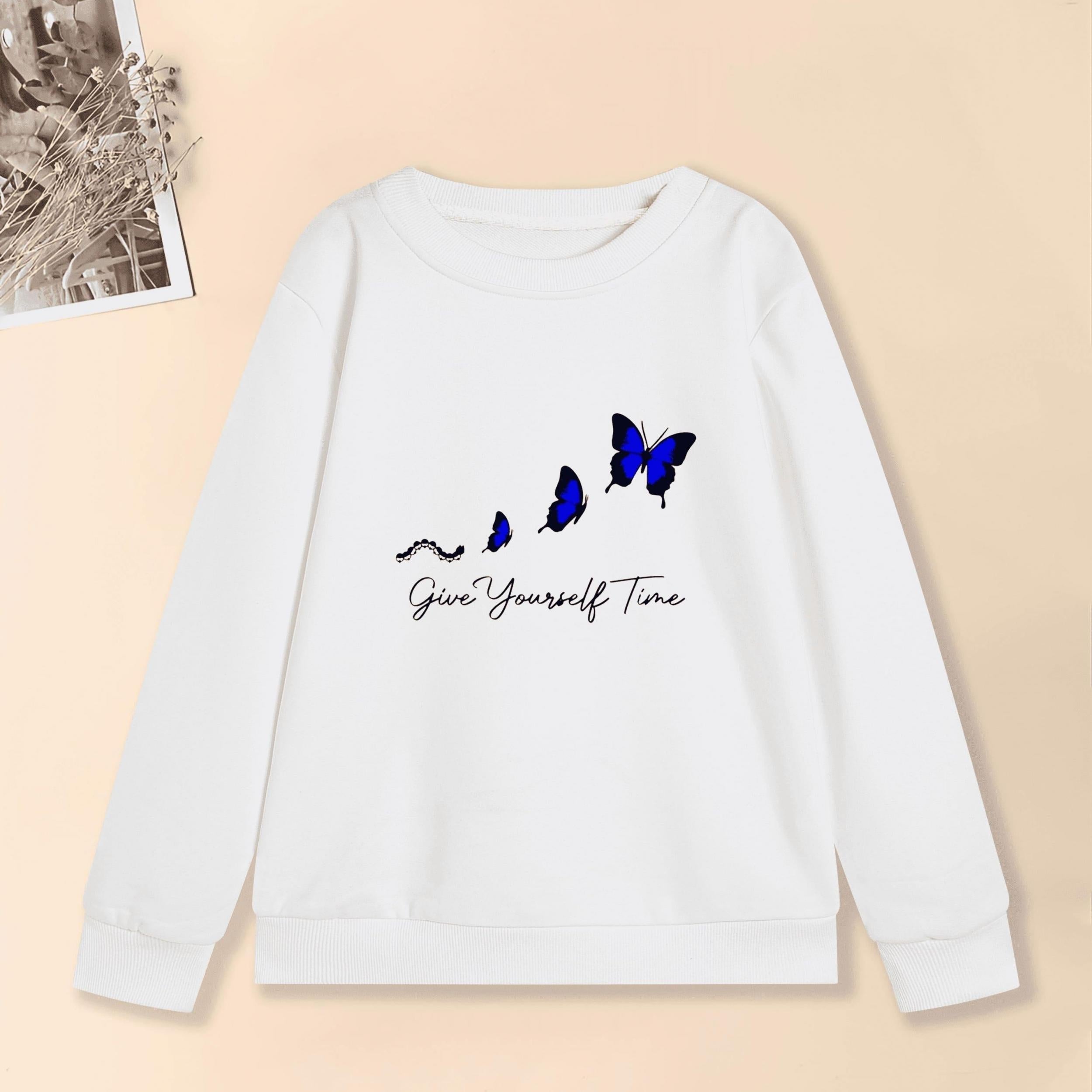 Girls Creative Butterfly Graphic Sweatshirt Round Neck Pullover Top