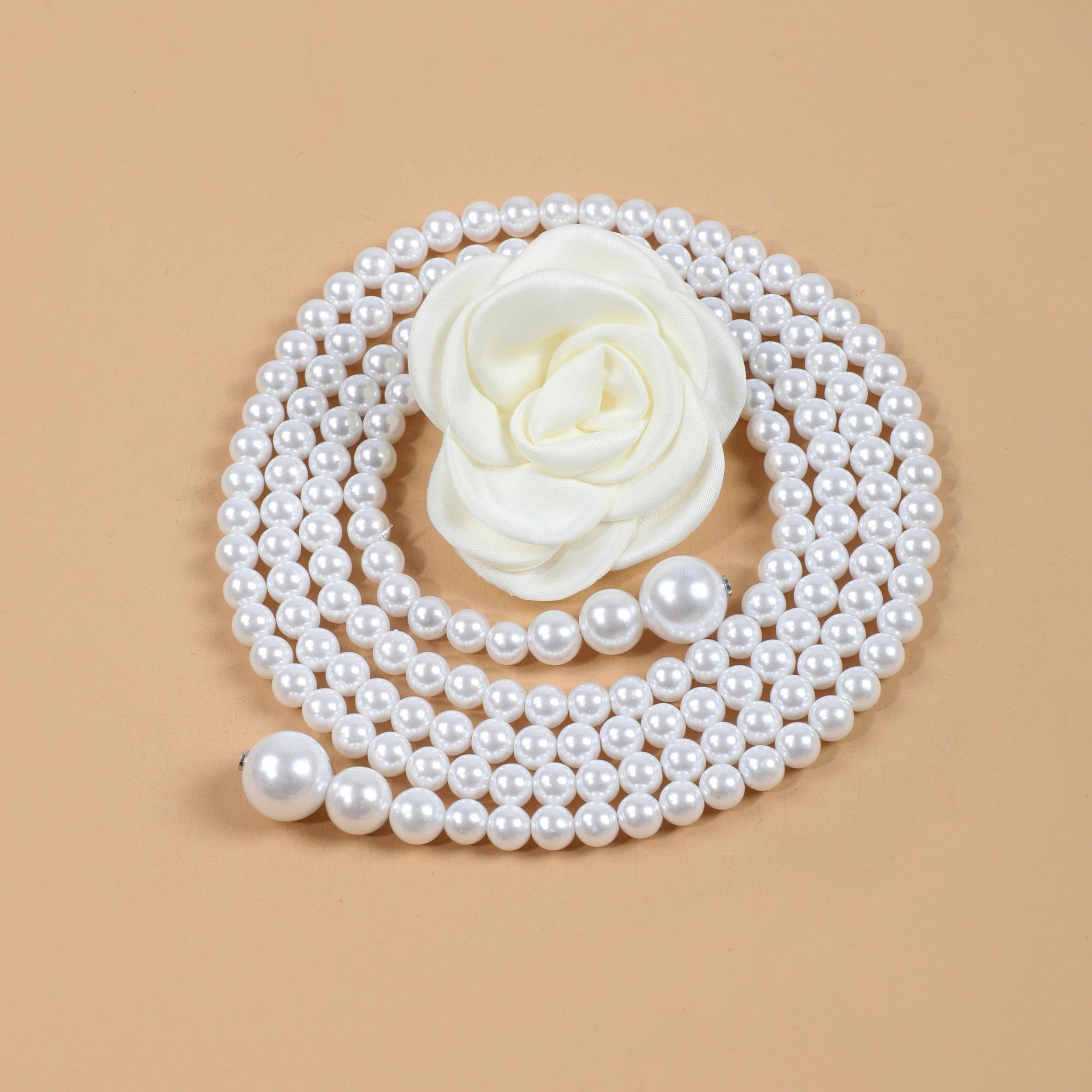 Faux Pearl Waist Chain Rose Decor Waistband Dress Sweater Girdle
