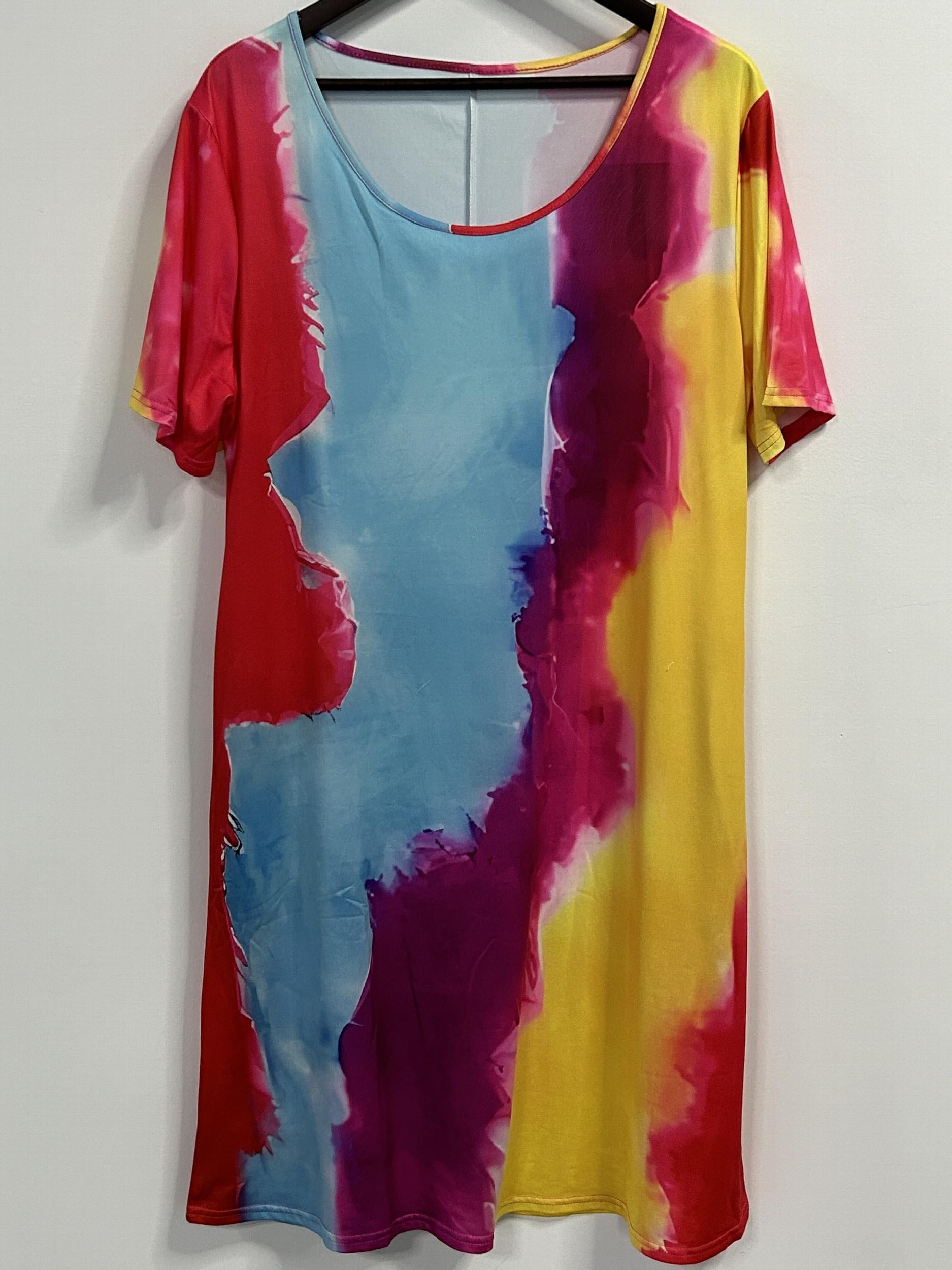  Colorblock Short Sleeve Round Neck Stretch Dress With Pockets