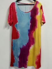  Colorblock Short Sleeve Round Neck Stretch Dress With Pockets