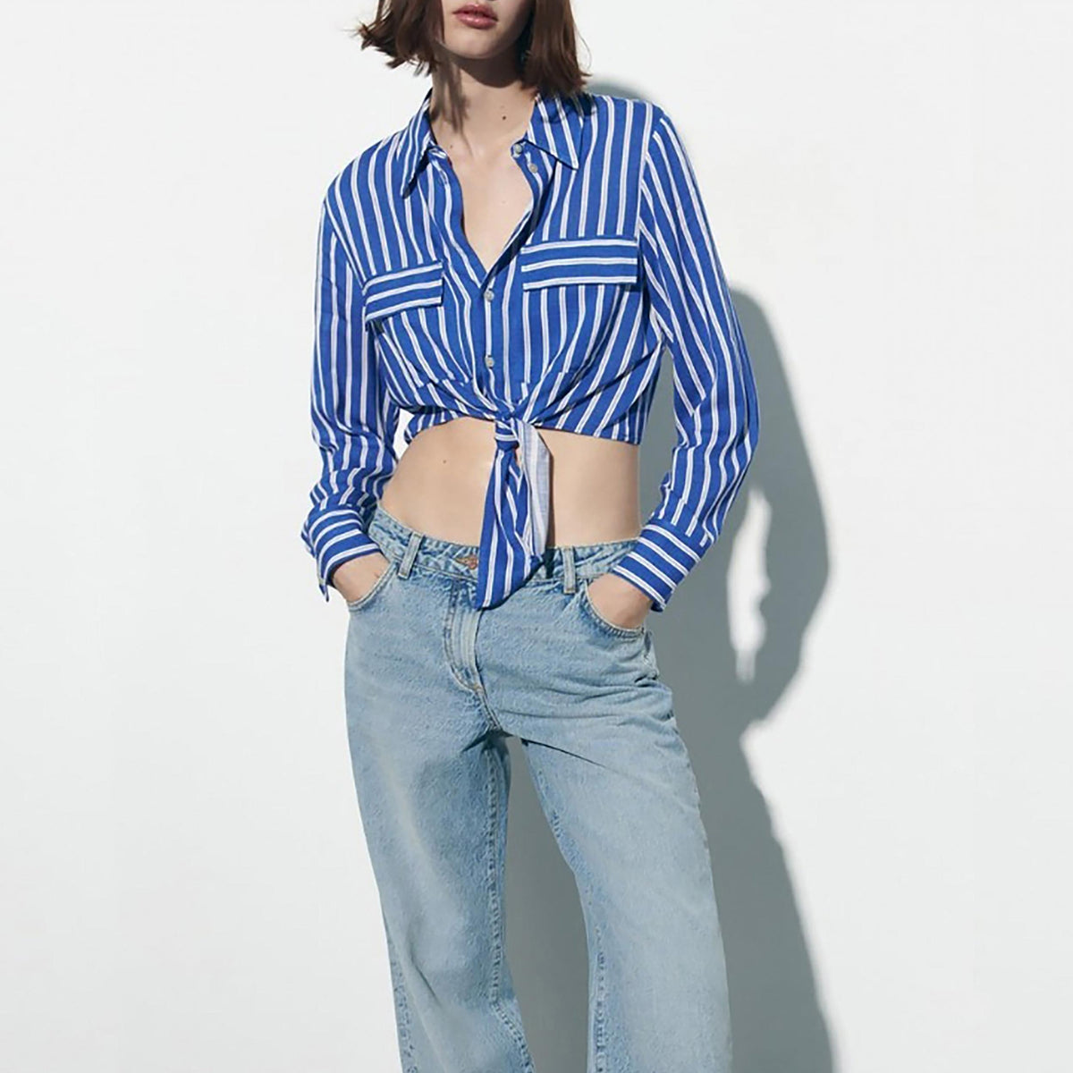  Stripe Print Button Up Long Sleeve Blouse