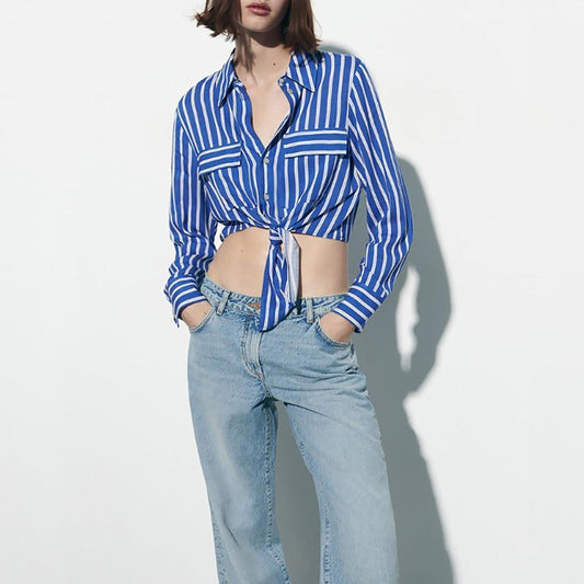  Stripe Print Button Up Long Sleeve Blouse