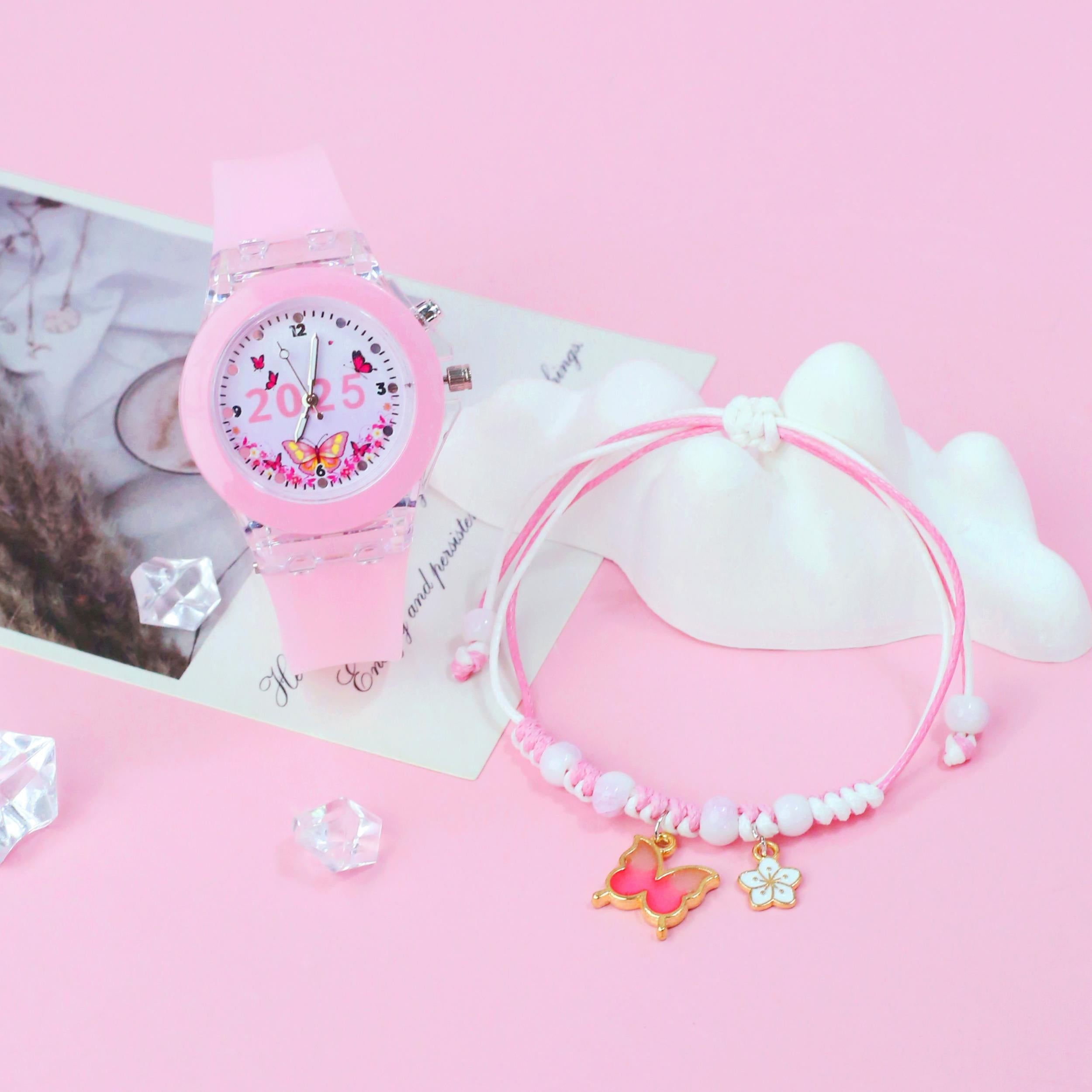 Girls' Pink Quartz Watch & Bracelet Set with Silicone Strap