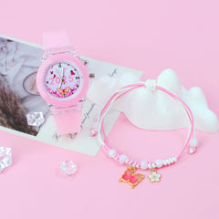 Girls' Pink Quartz Watch & Bracelet Set with Silicone Strap