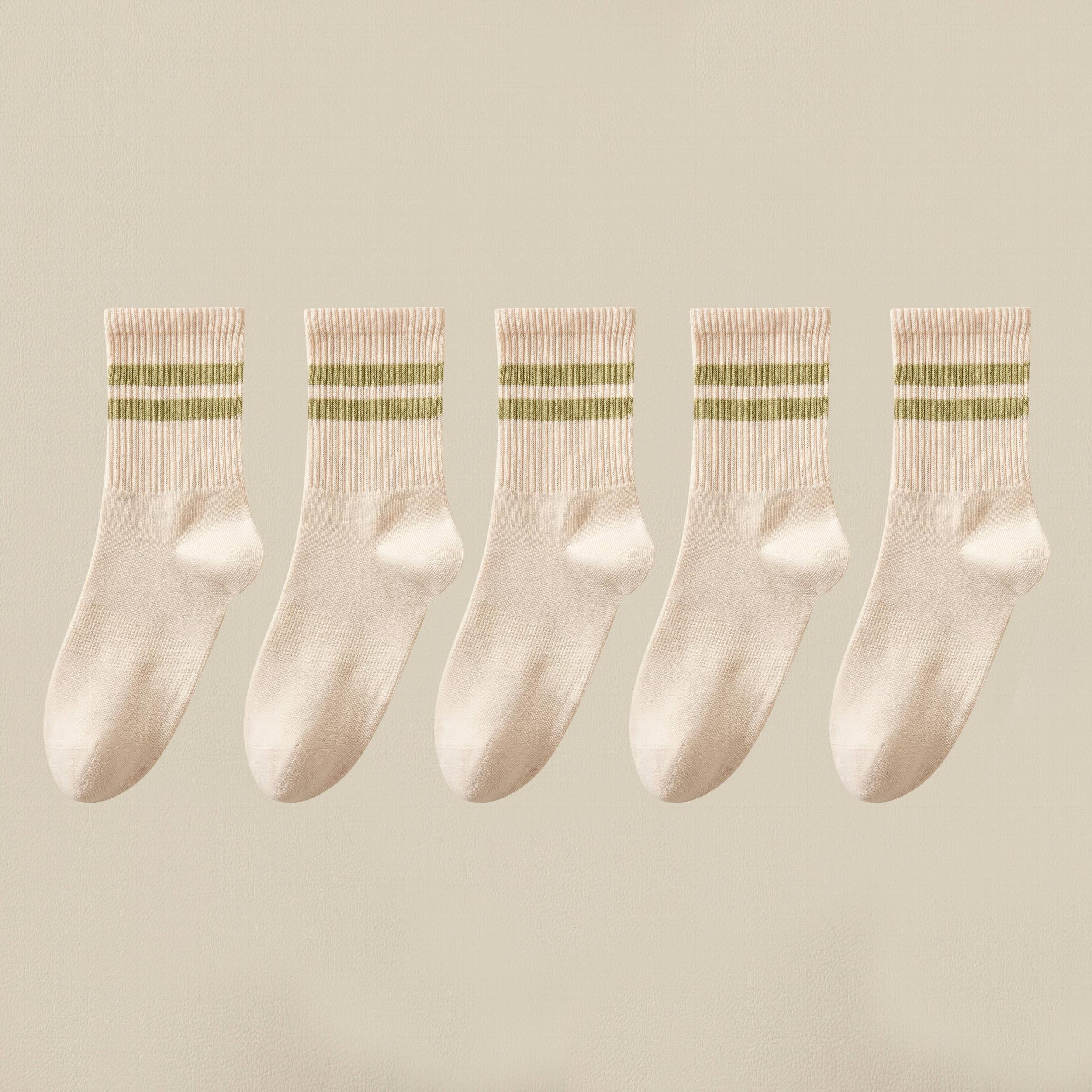 5 Pairs Stripe Print Ribbed Socks Soft Mid Tube Women's Stockings