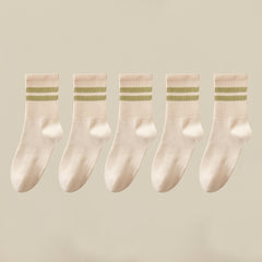 5 Pairs Stripe Print Ribbed Socks Soft Mid Tube Women's Stockings