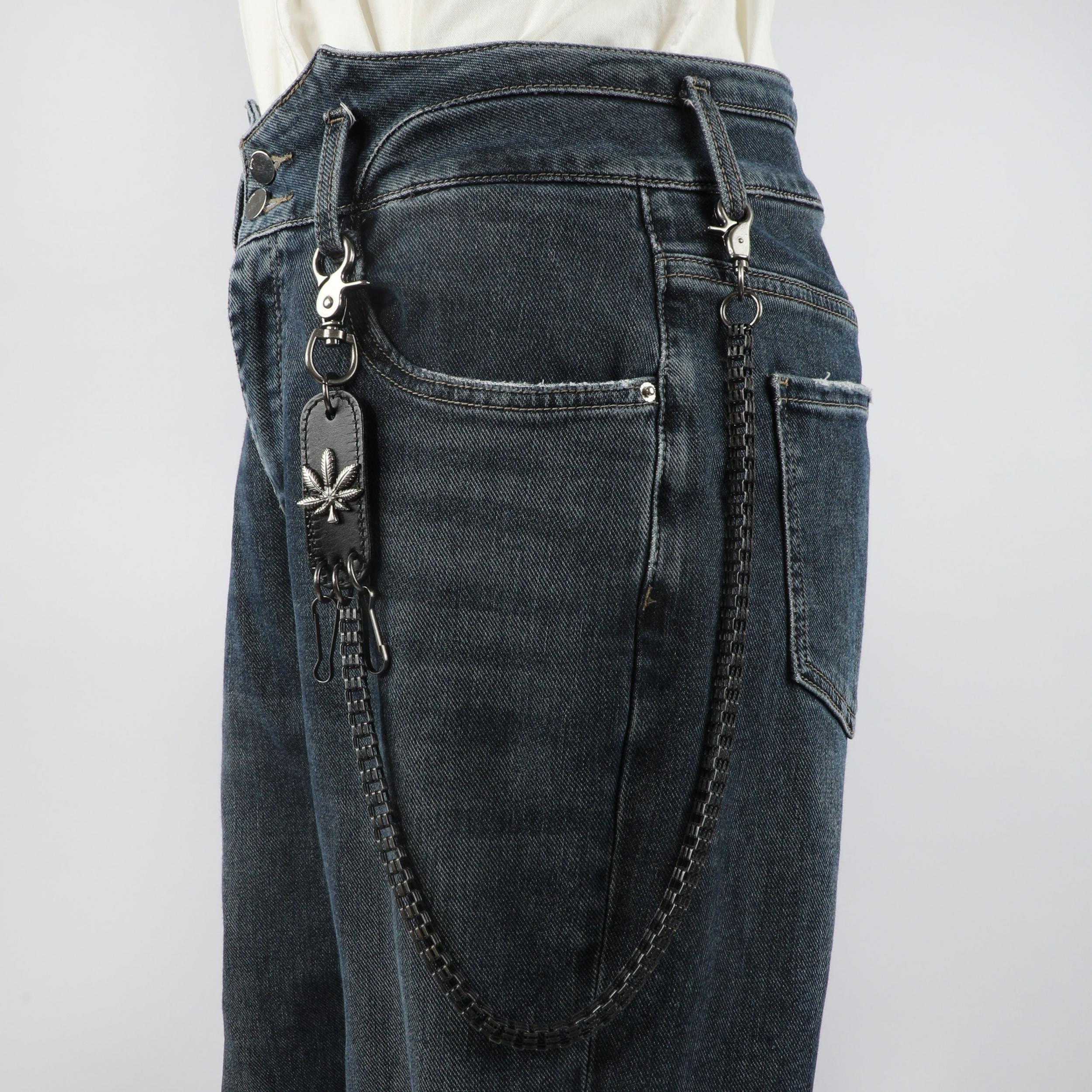 Men's Retro Metal Leaf Leather Card Plaid Waist Chain Pants Chain