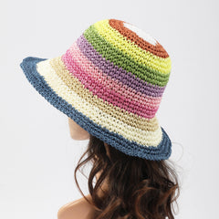 Rainbow Stripe Crochet Bucket Hat Breathable Foldable Straw Sun Hats