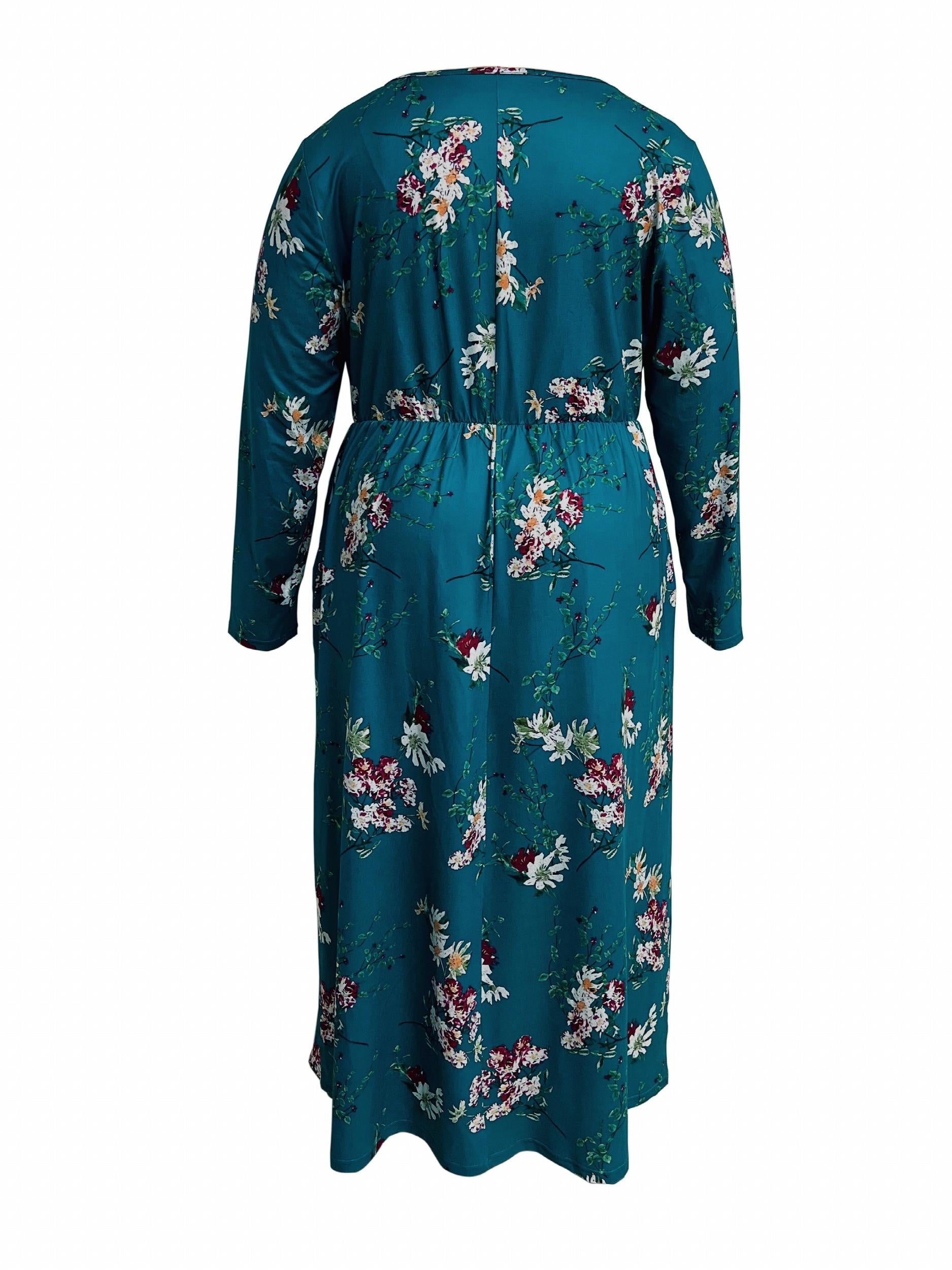  Floral Print Long Sleeve Round Neck Dress
