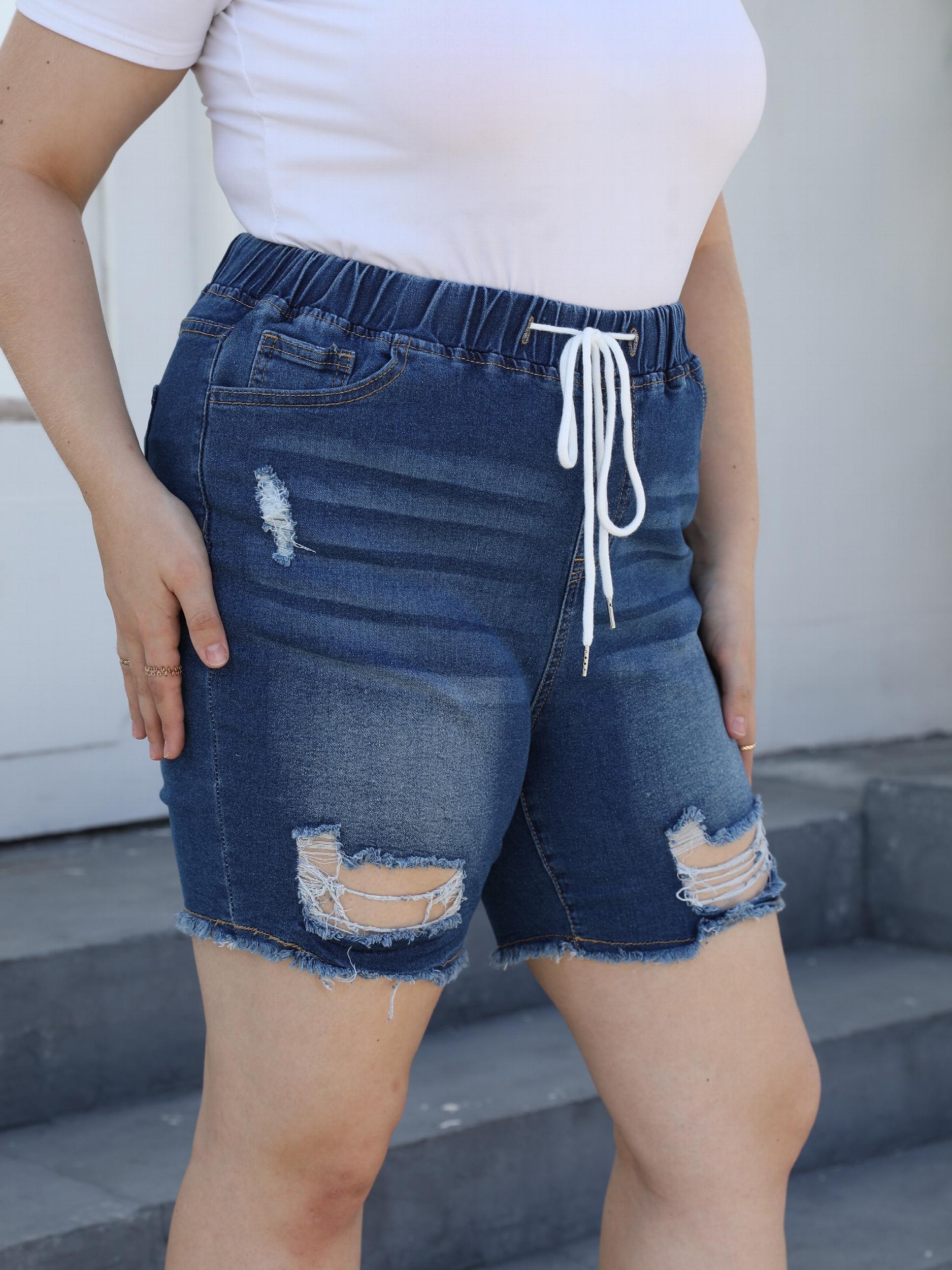  Casual Denim Shorts Women's Plus Solid Ripped Raw Trim Elastic Drawstr