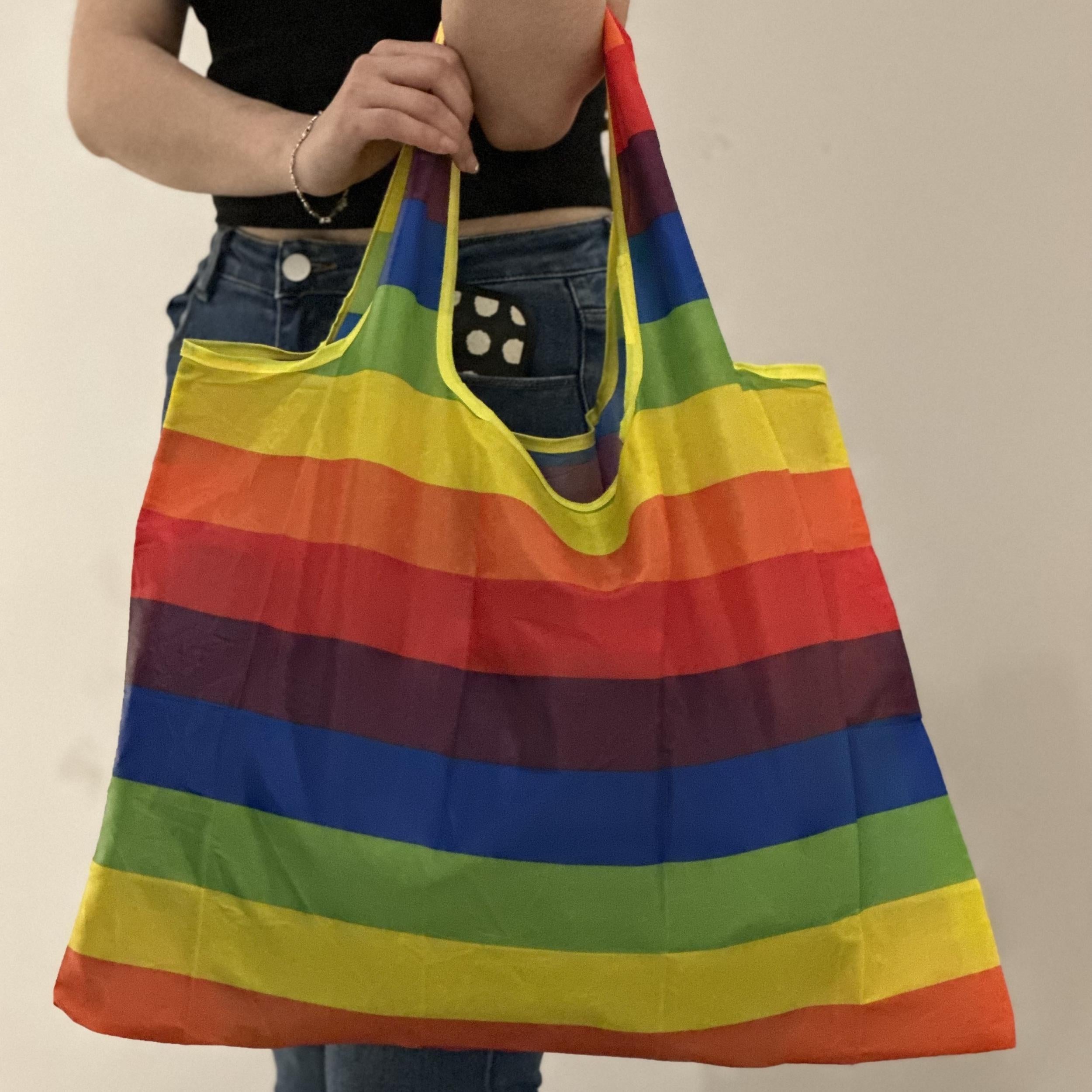 Rainbow Striped Shopping Tote Bag Foldable Portable Reusable Grocery Bag