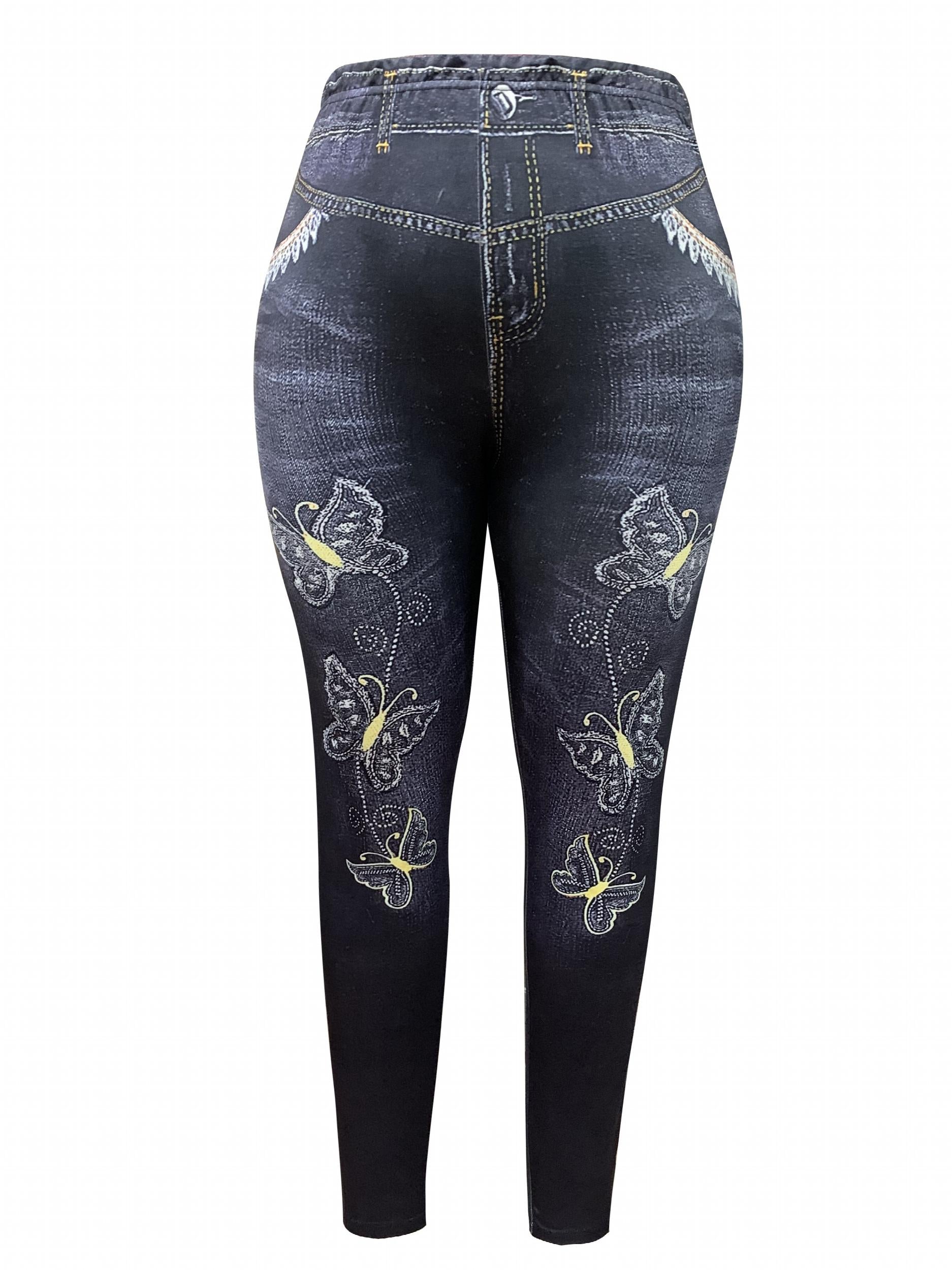  Denim & Butterfly Print High Rise Leggings