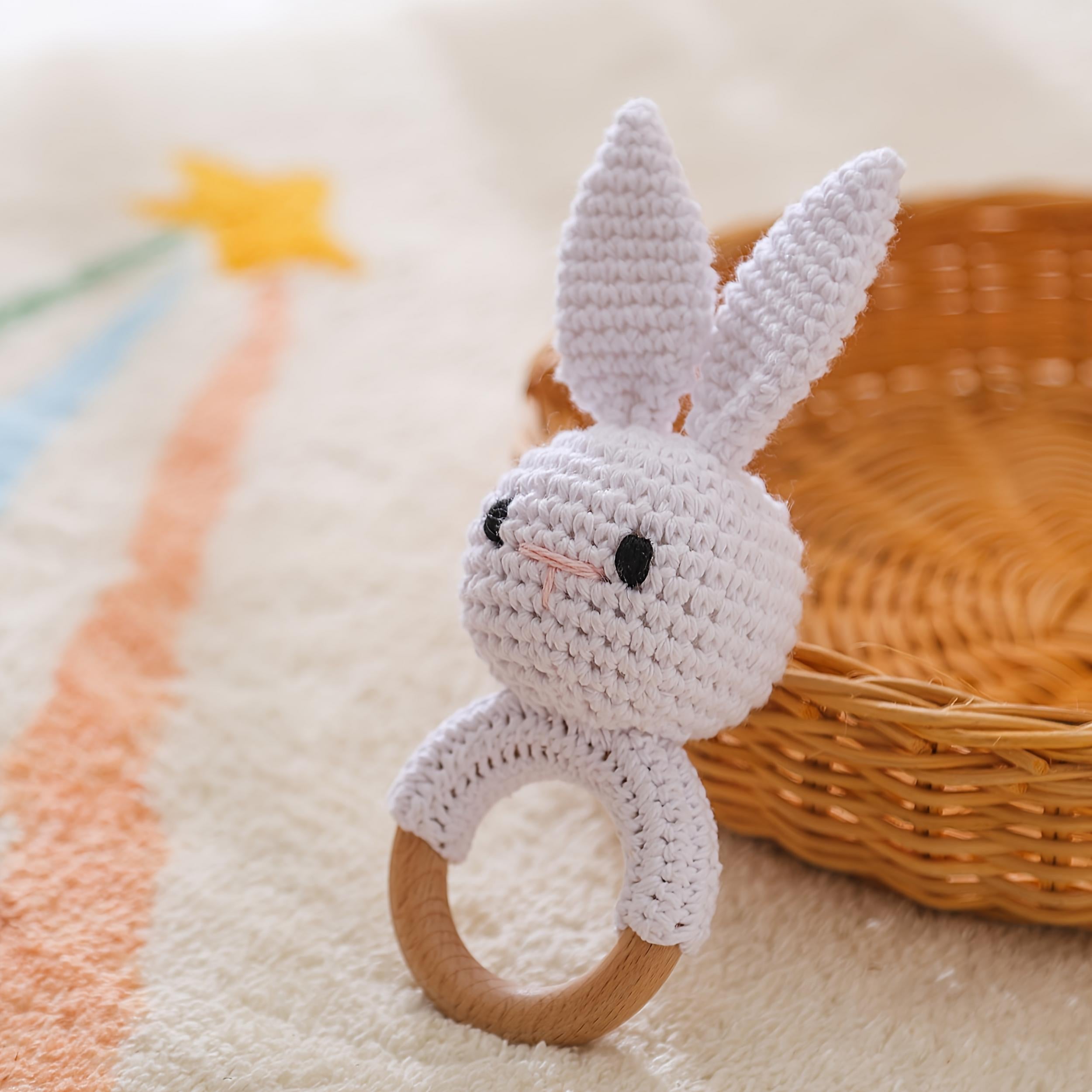 Crochet Bunny Rattle Toy with Wooden Ring - Perfect Kids Keepsake Gift