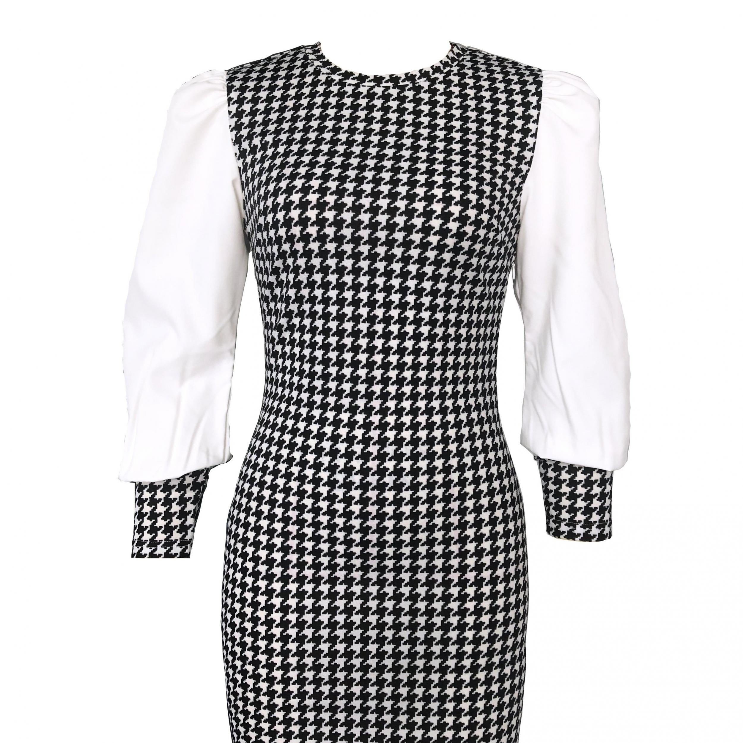 Houndstooth Print Bodycon Long Sleeve Dress