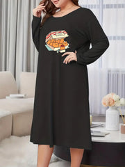  Women's Cartoon Cat Print Long Sleeve Sleep Dress