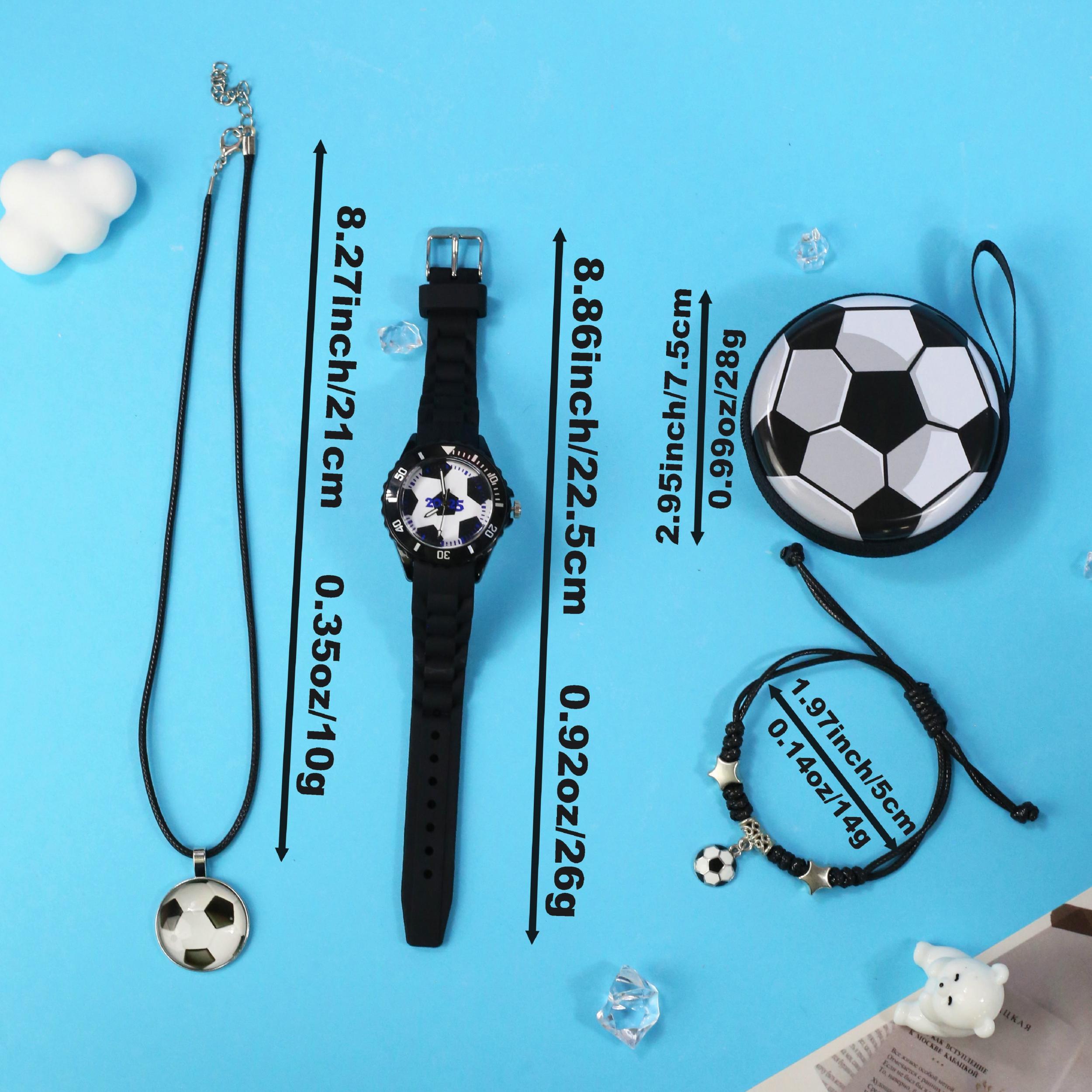 4pcs Football Themed Quartz Watch Set Soccer Necklace Coin Wallet