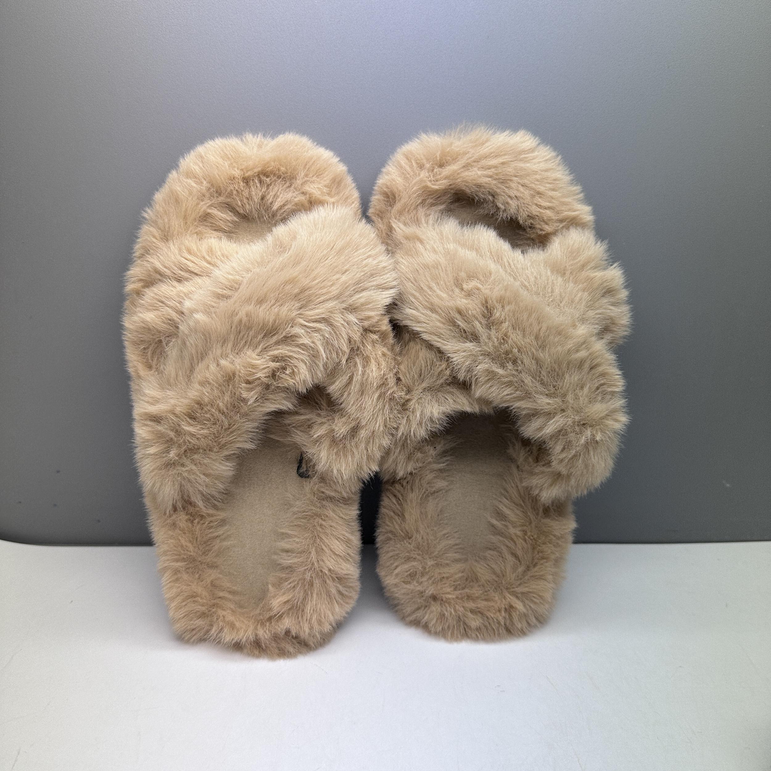 Women's Cross Straps Plush Slippers Open Toe Cozy Indoor Shoes
