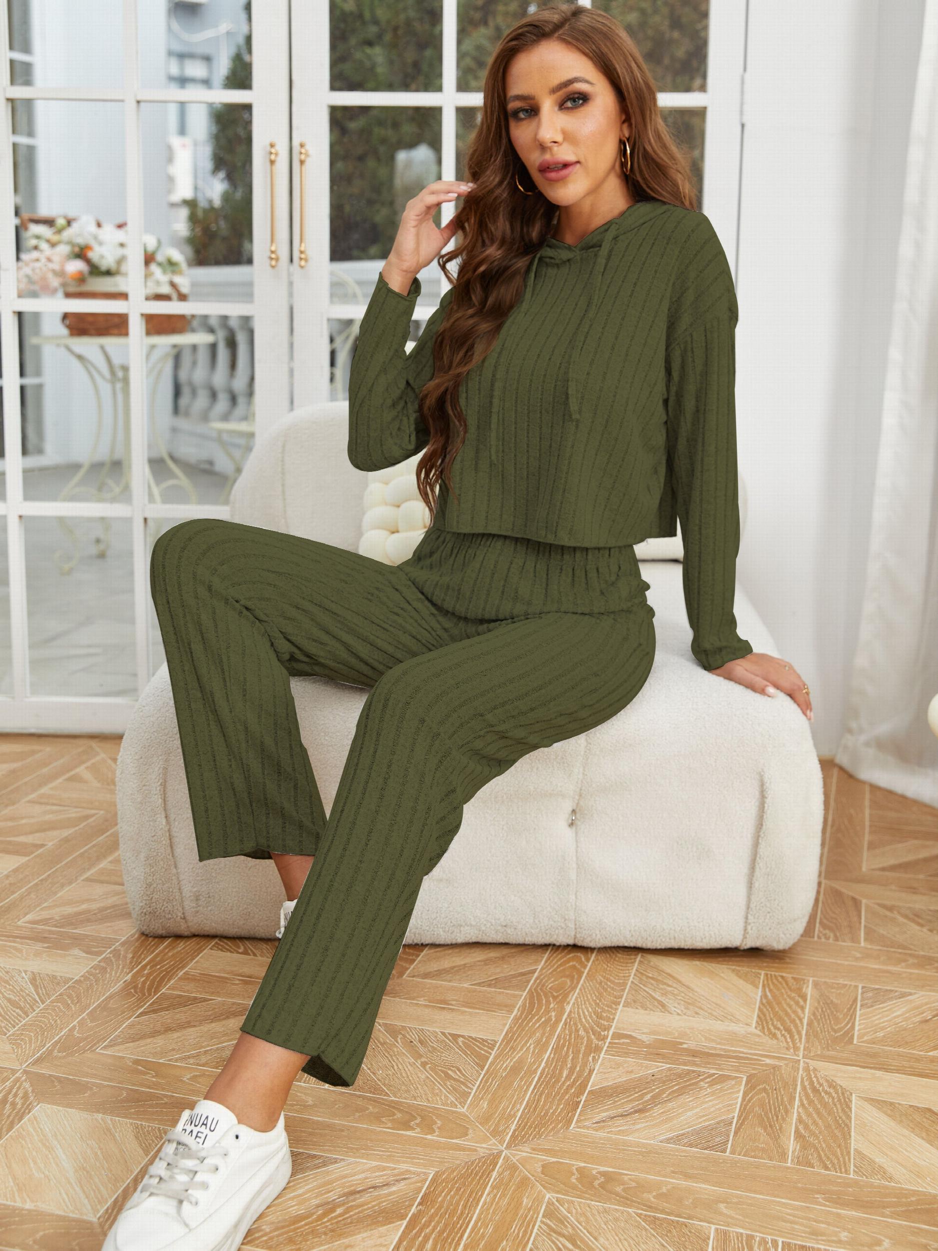 Ribbed 2pc Set Drawstring Hooded Top & Loose Pants
