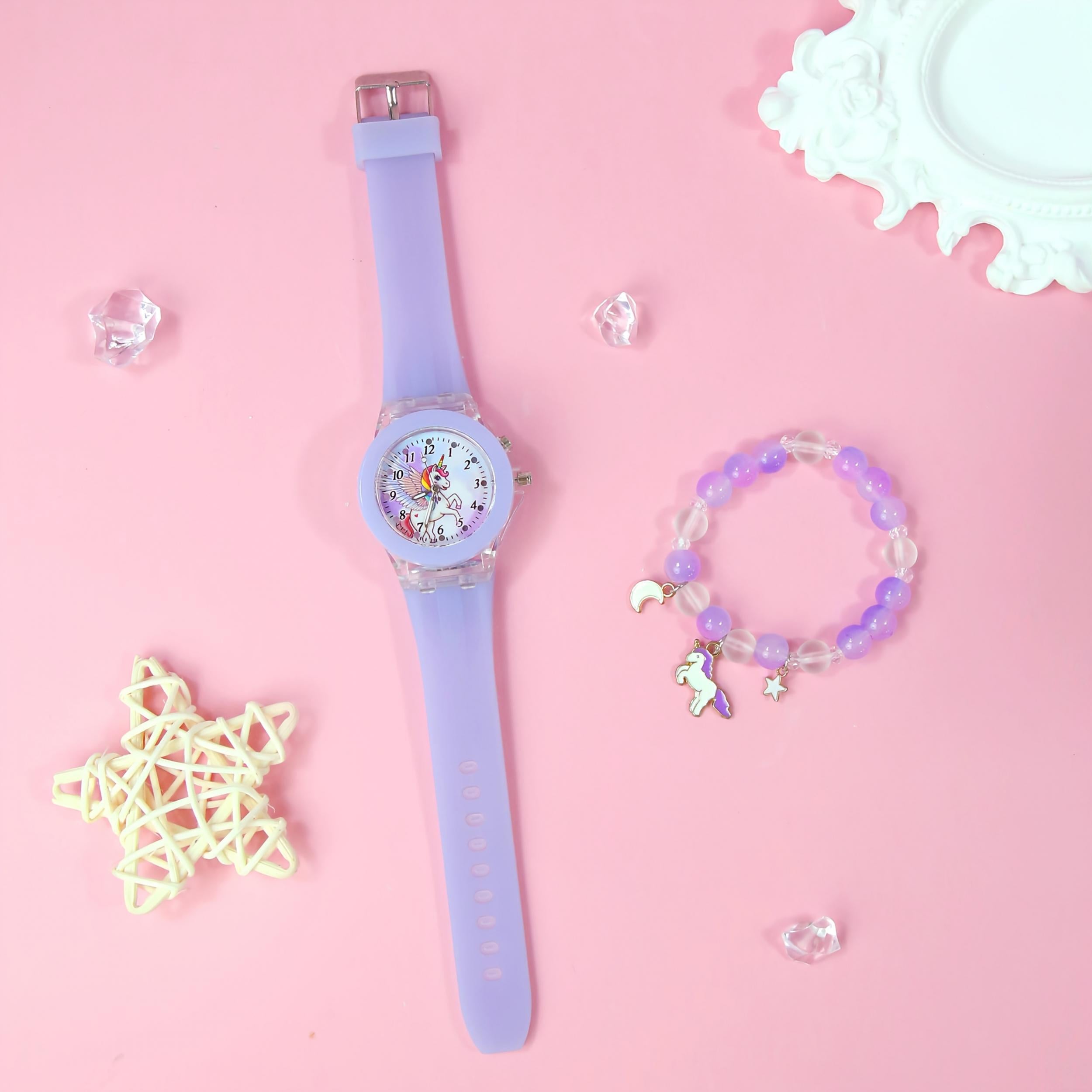 2pcs Girls' Quartz Watch Bracelet Set LED Glow Rainbow Unicorn Beaded Bracelet