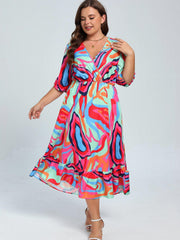 Abstract Print Maxi Dress with Ruffle Trim