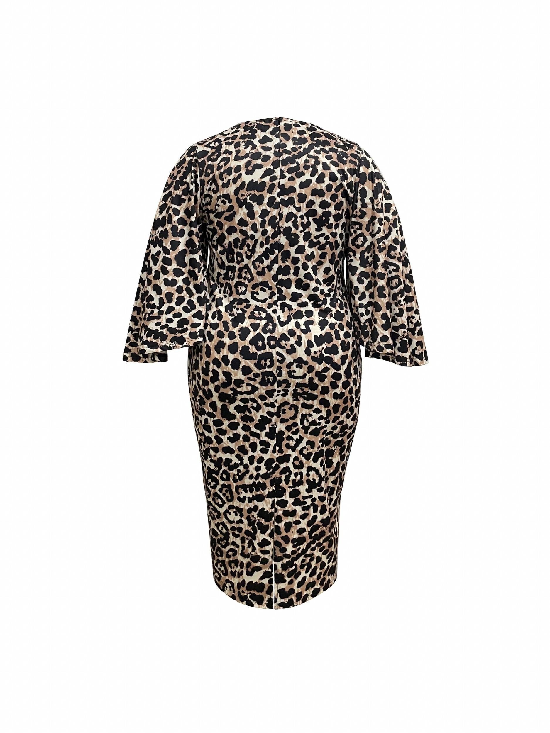 Women's Plus Leopard Print Bell Sleeve Round Neck Slim Fit Dress