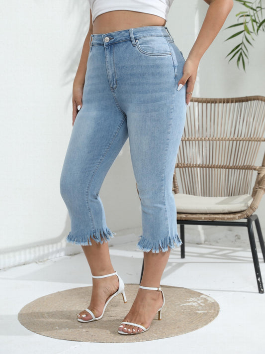  Solid Fringe Trim High Stretch Cropped Jeans