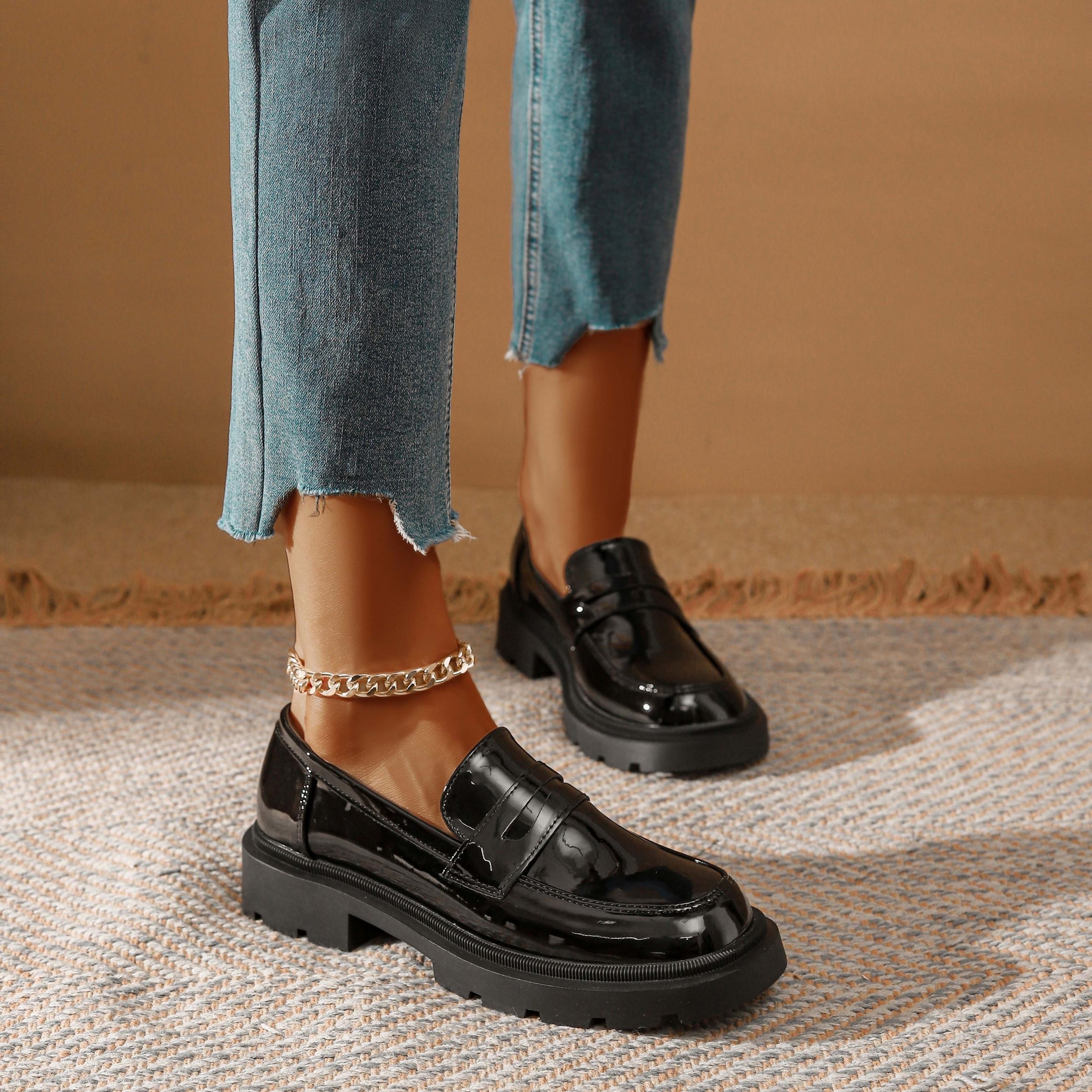 Women's Solid Flat Loafers Patent Leather Slip On Low Thick sole Shoes