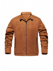 PU Jacket Men's Solid Zip Up Stand Collar Faux Leather Jacket