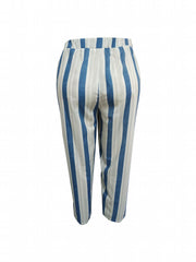  Stripe Print Button Decor Elastic High Rise Loose Fit Trousers