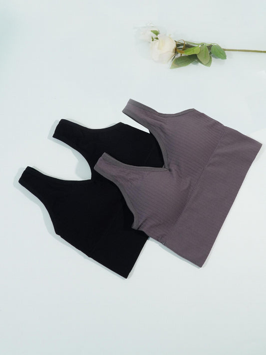2pcs Solid Ribbed Tank Tops V Neck Padded Women's Lingerie