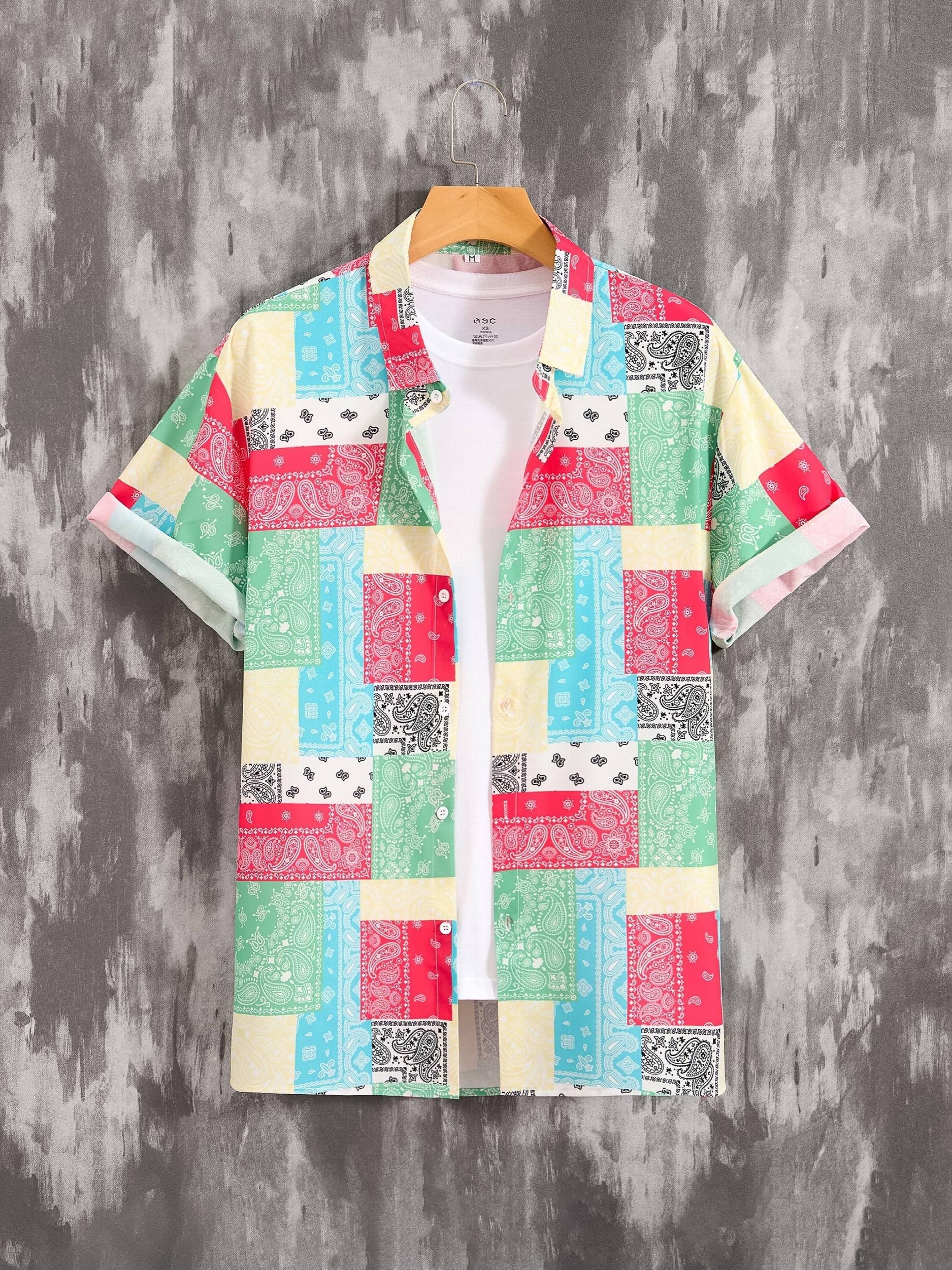 Men's Casual Mushroom Block Leaf Flower Pattern Print Short Sleeve Shirt