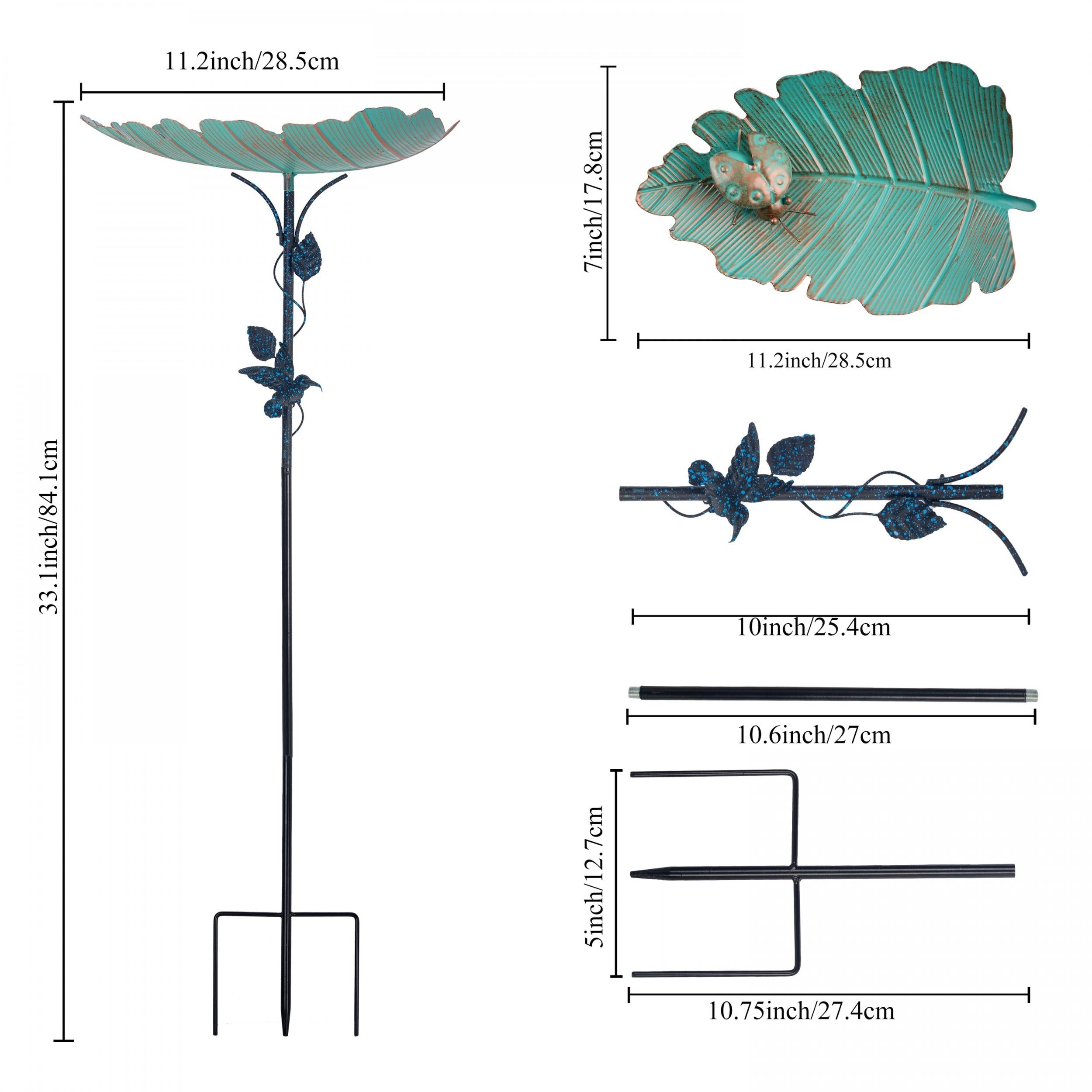 Leaf Shaped Metal Bird Bathtub with Ladybug Carving & Stake