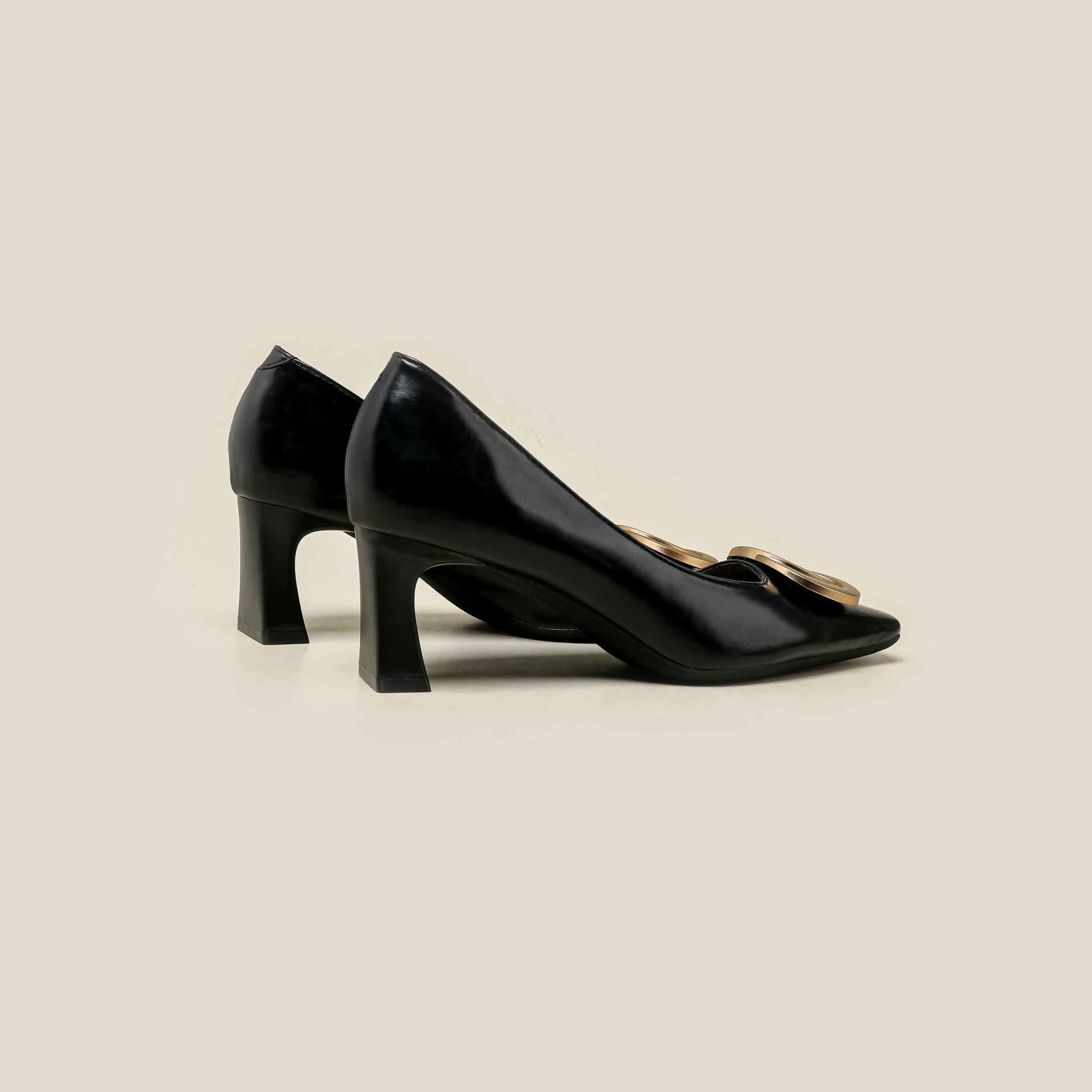 Women's Metal Buckle Chunky Heels Slip On Pumps