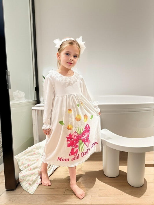 Girl's Floral Nightgown Letter Print Long Sleeve Lace Collar PJ