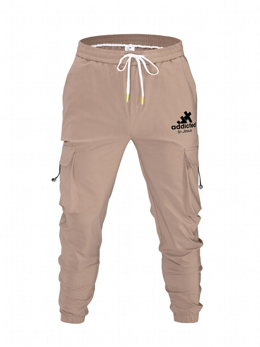 Men's Addicted Print Cargo Pants with Drawstring Pockets