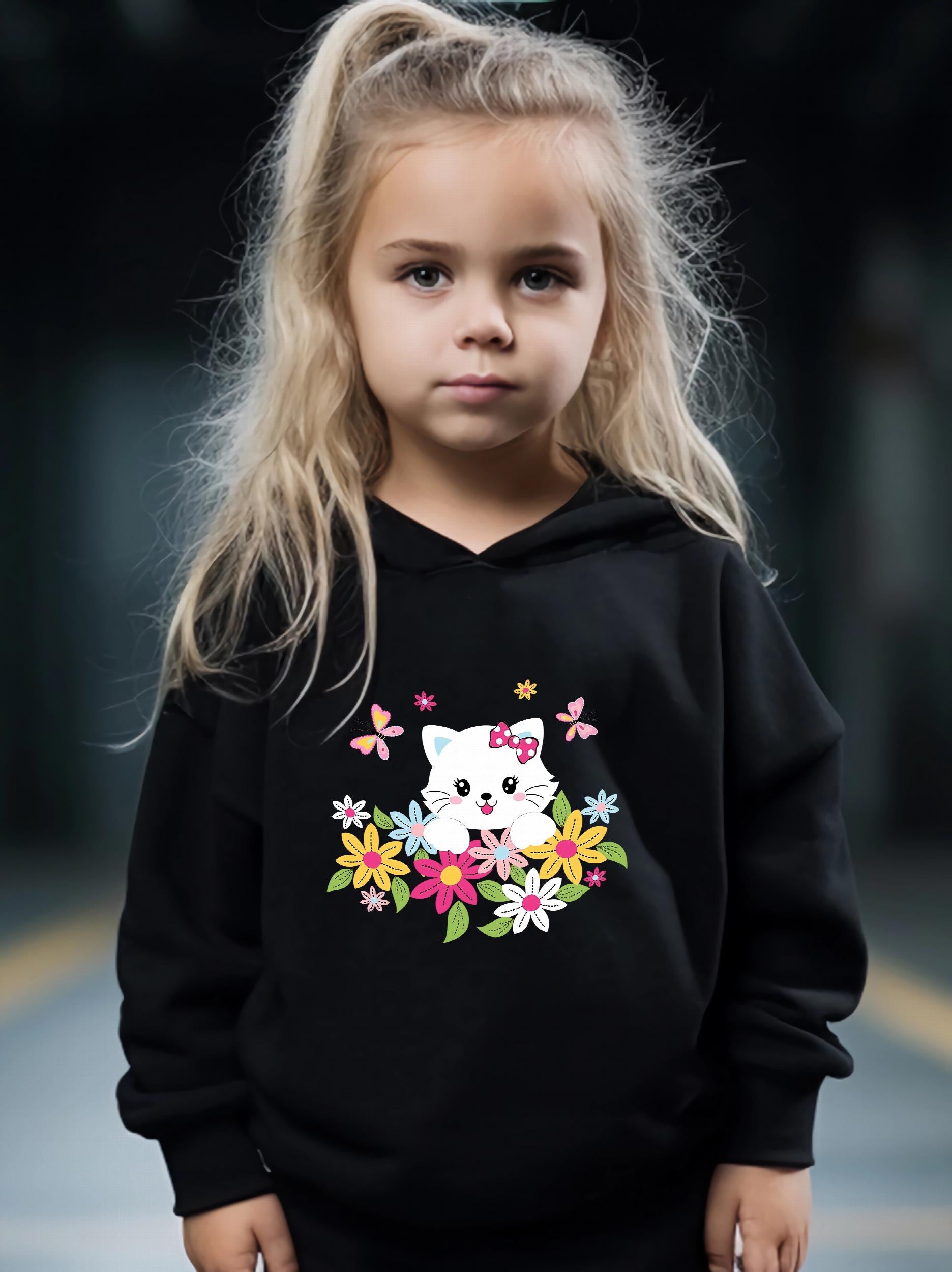 Sweet Kitty & Flower Print Girls Outfit For Sports - Spring/Fall