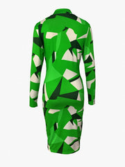  Geometric Print Long Sleeve Dress