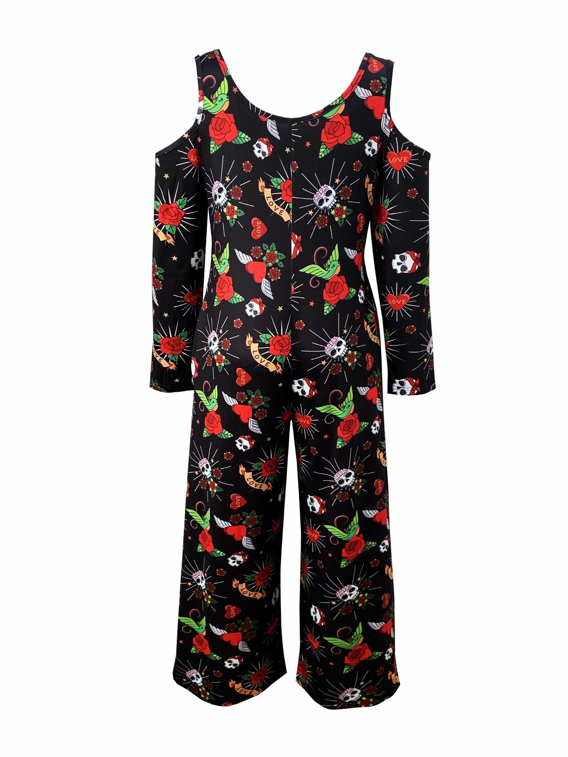  Skull & Floral Print Cold Shoulder Jumpsuit