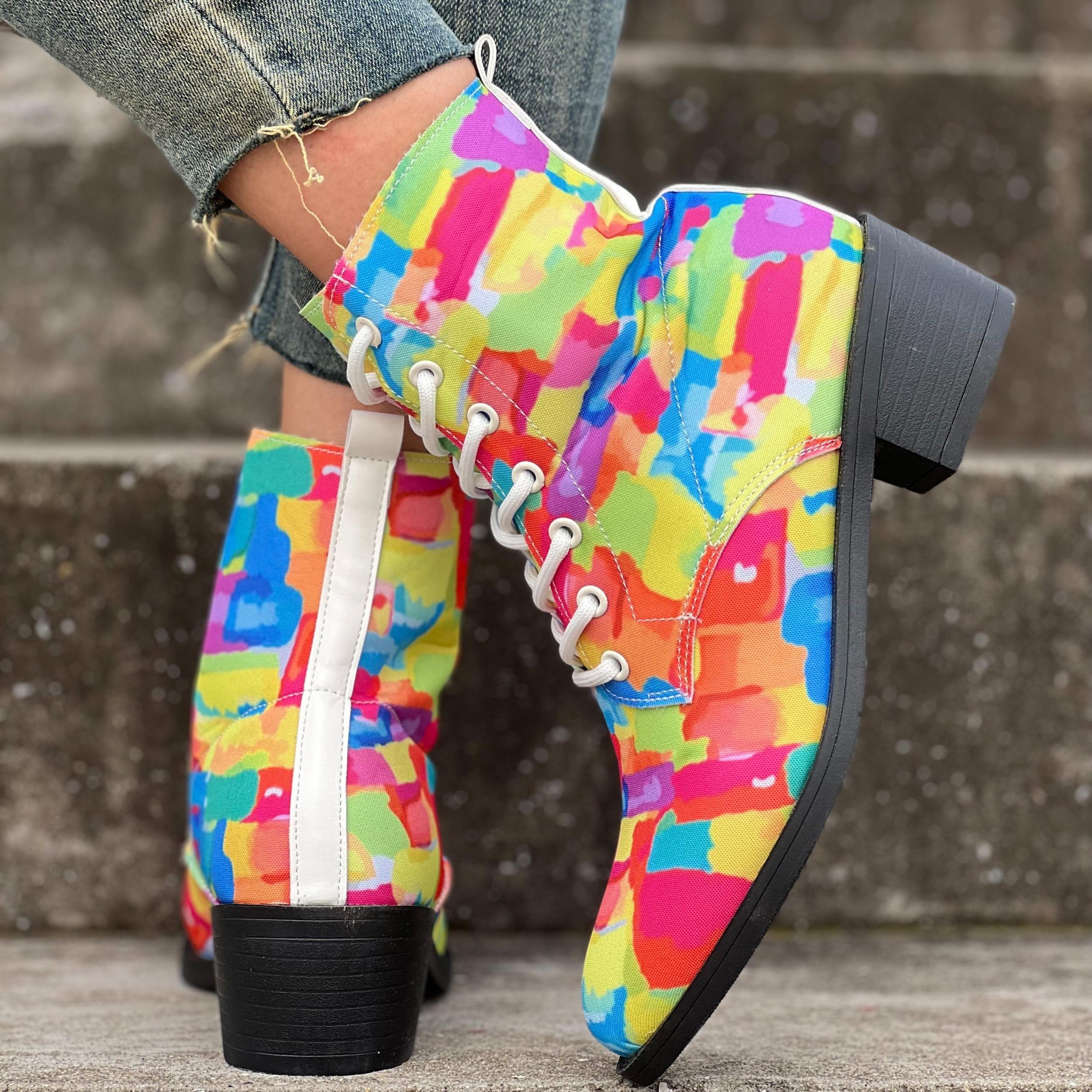 Women's Chunky Heel Lace-Up Canvas Ankle Boots