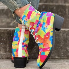 Women's Chunky Heel Lace-Up Canvas Ankle Boots