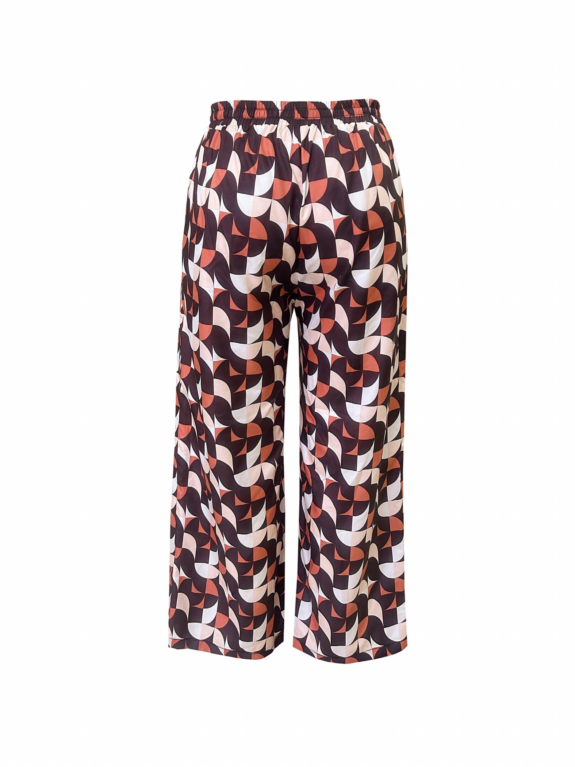 Women's Plus Geometric Print High Rise Wide Leg Trousers With Pockets