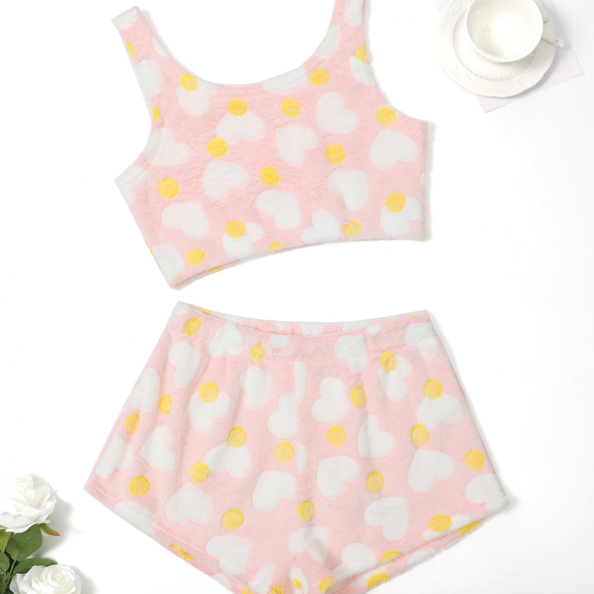 Heart & Polka Dot Flannel Crop Top & Shorts Set