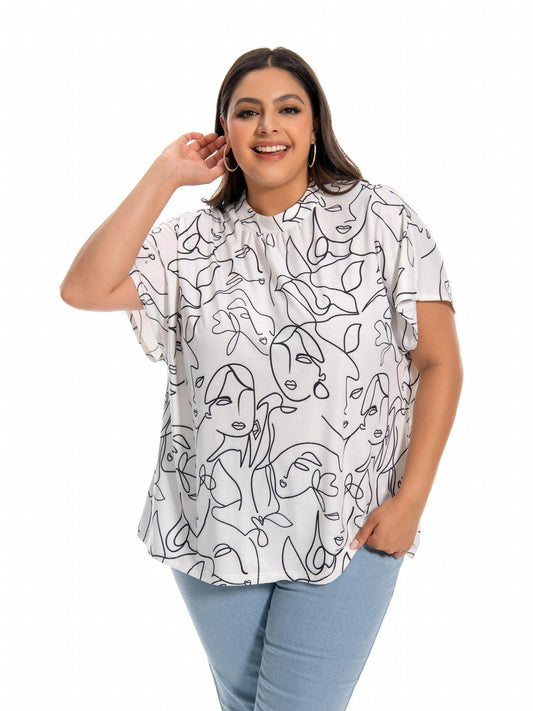  Abstract Print Mock Neck T-shirt