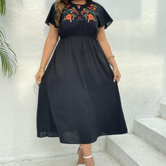  Women's Floral Embroidery Cap Sleeve Dress
