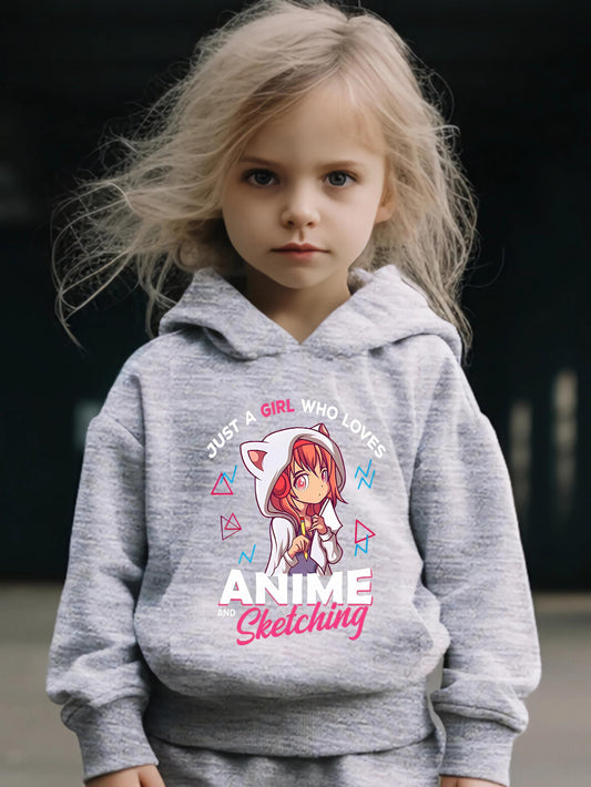 Kid's Cartoon Anime Sketch Print Long Sleeve Outfit Set