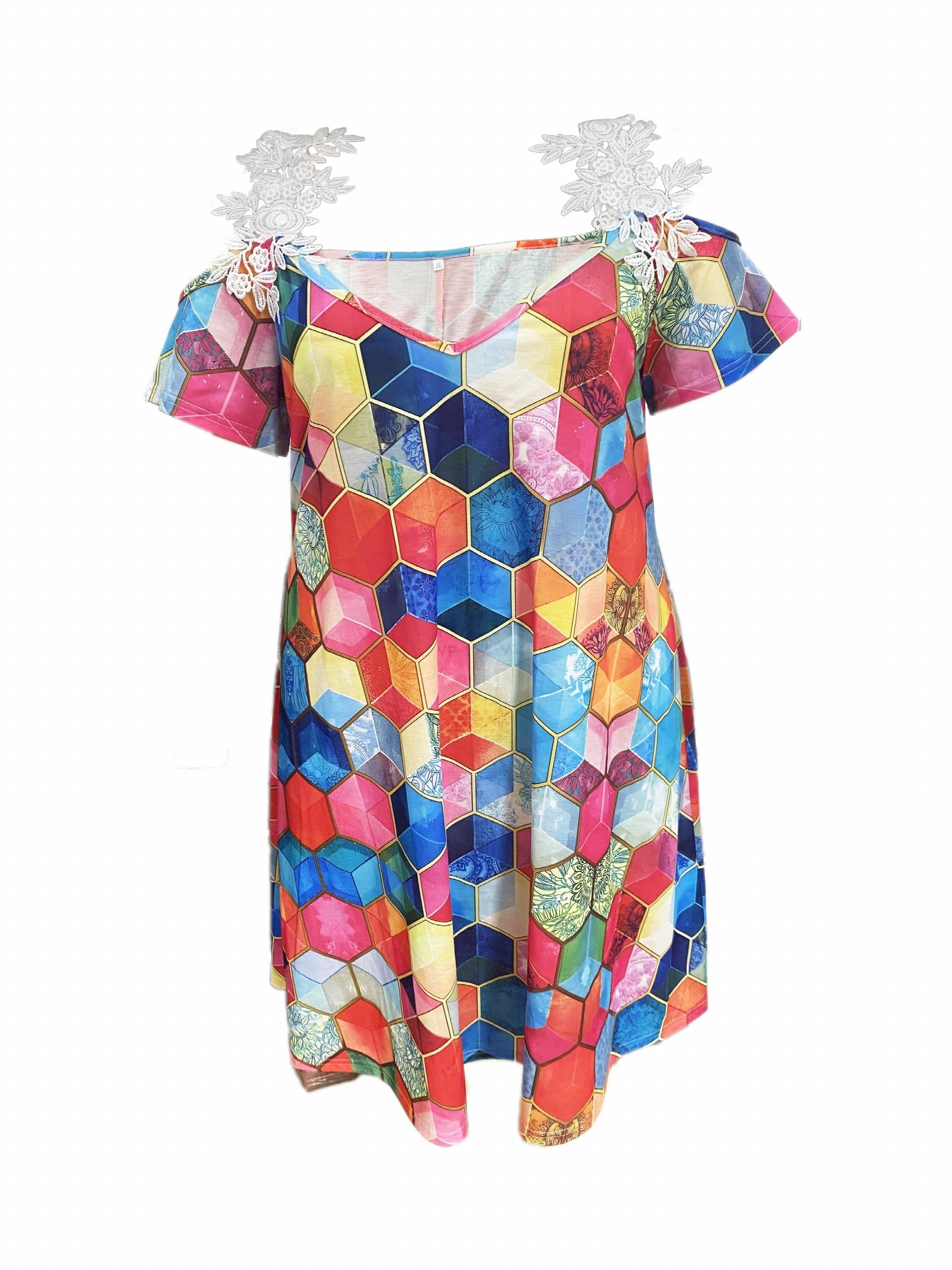  Colorblock Geometric Print Contrast Lace Panel V Neck Dress
