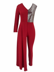 Sequined One Shoulder Jumpsuit V Neck Party Women's Clothing