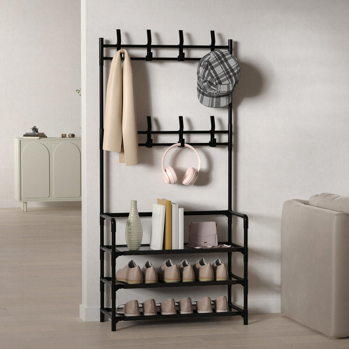 Entryway Coat Rack Shoe Rack with Storage Shelves & Hooks